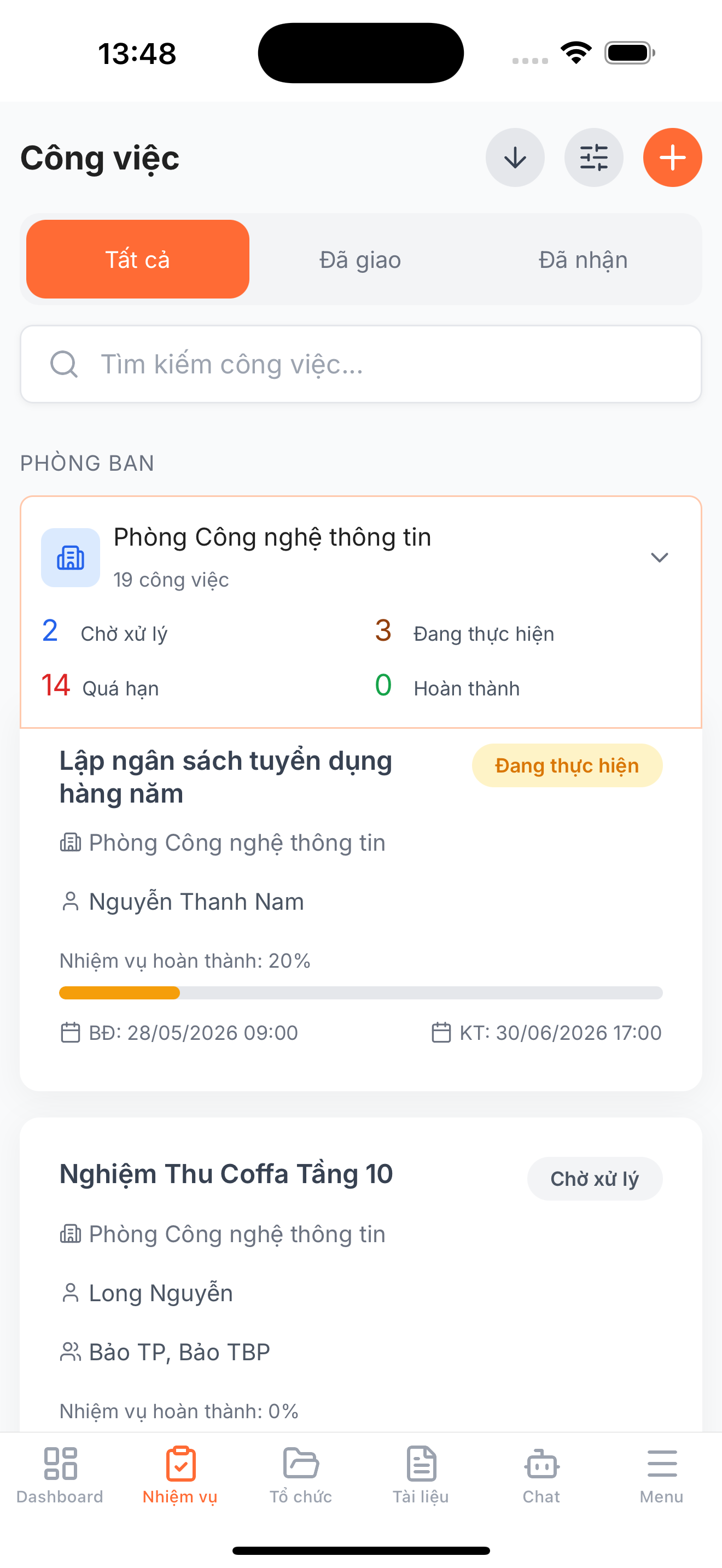 Màn hình danh sách công việc WPTA